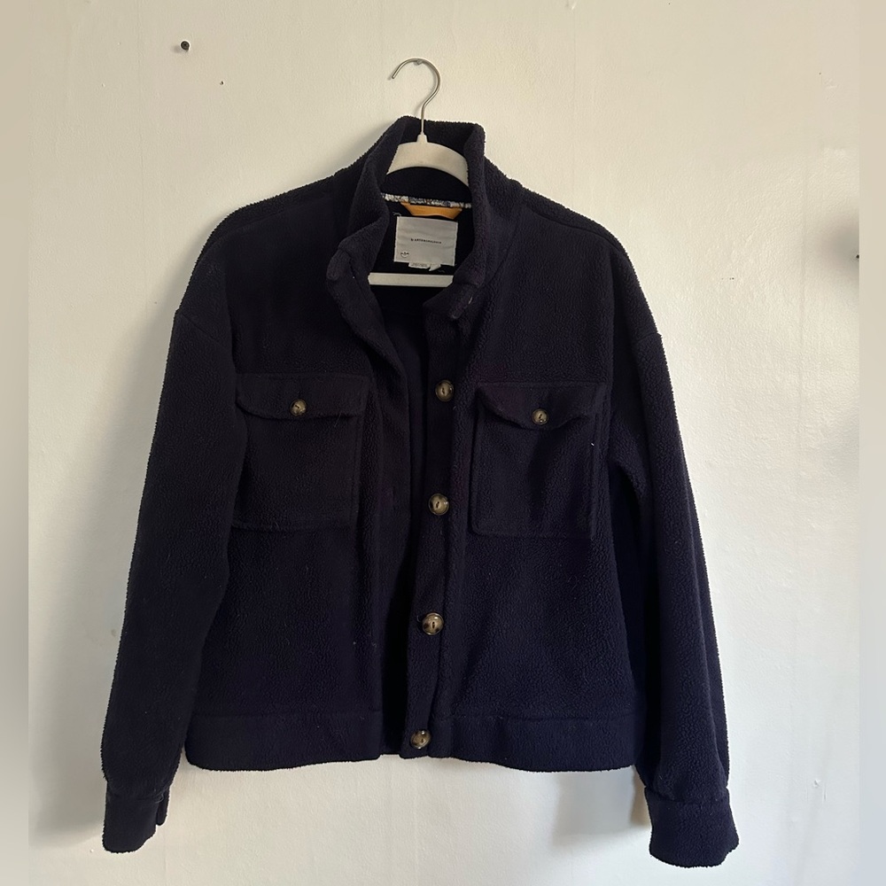 Anthropologie Navy Teddy Fleece Button-Up Jacket